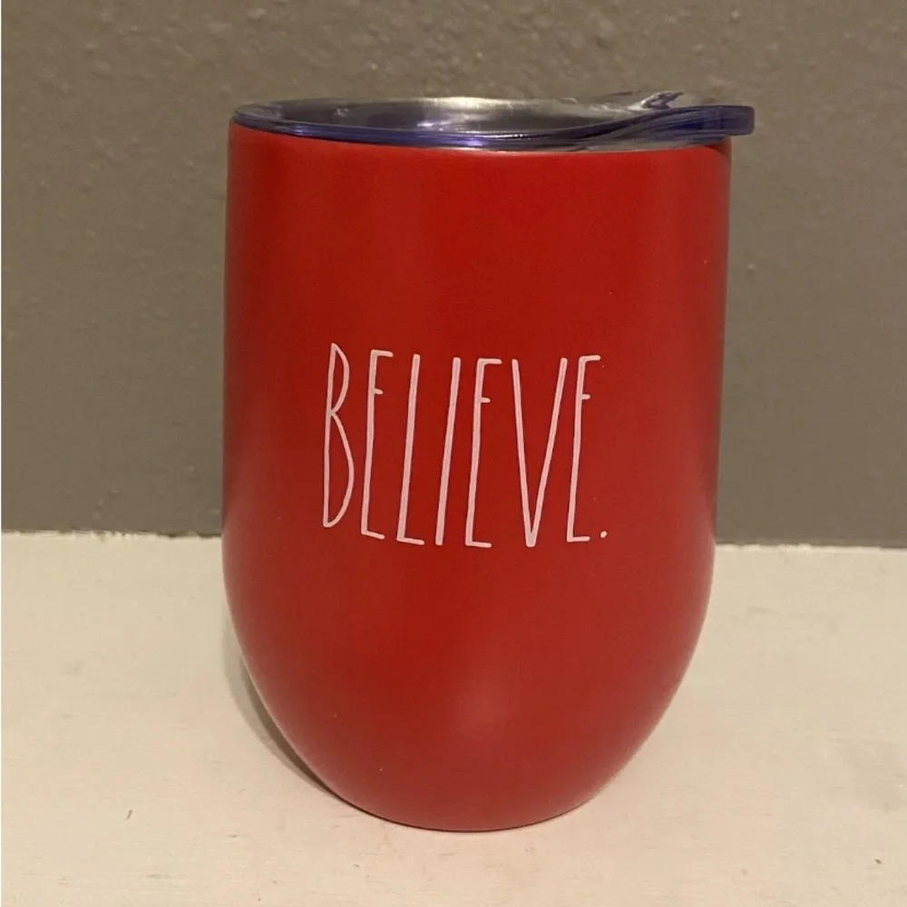 Rae Dunn “Believe” Wine Tumbler With Lid Coffee Tea 12 Oz Red Excellent Cond